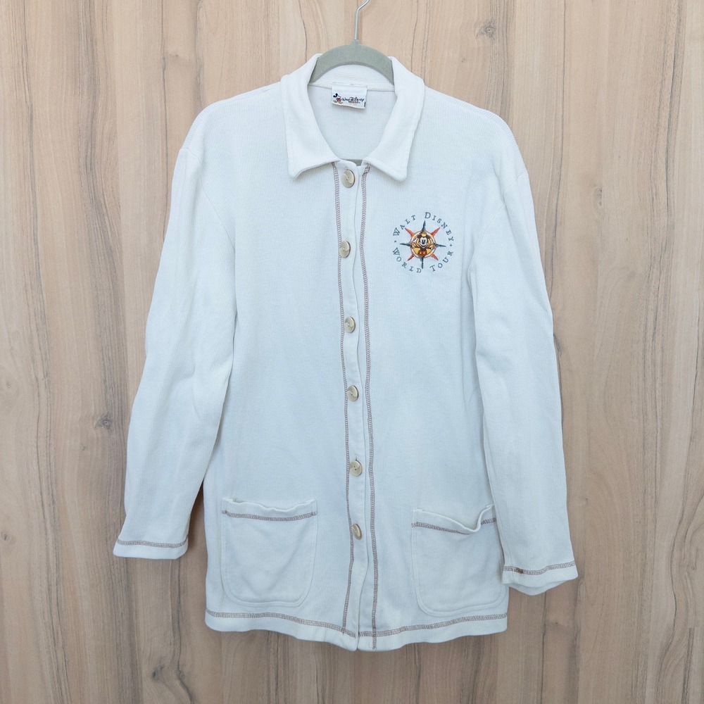 Vintage Walt Disney World White Waffle Knit Cardigan Jacket Embroidered Resort